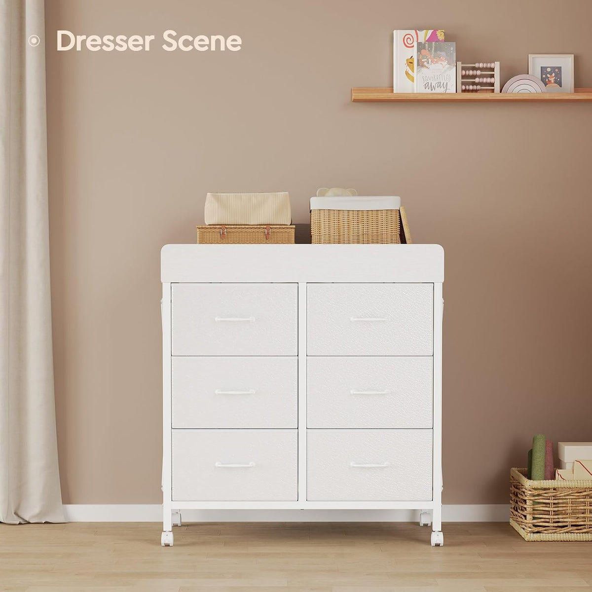 Changing Table Dresser, 6 Fabric Drawers, Mobile Storage, Brown