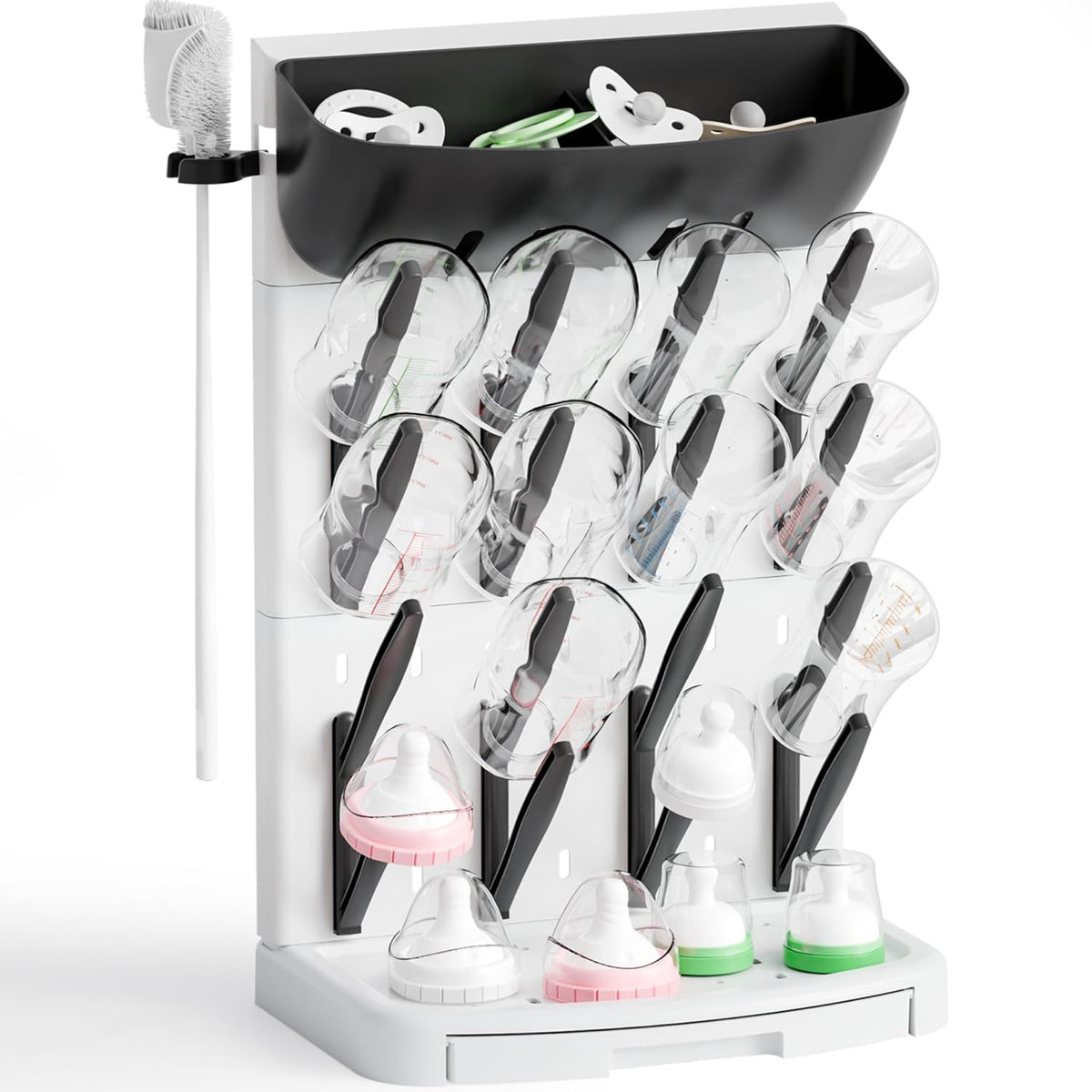 SuoXing Vertical Baby Bottle Drying Rack with Brush- Hold 16 Bottles - Large Breast Pump,Bottle Dryer Rack for Kitchen Countertop,Space Saving Bottle Stand Holder for Pacifiers,Pump Accessories,Pink