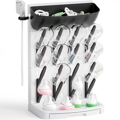 SuoXing Vertical Baby Bottle Drying Rack with Brush- Hold 16 Bottles - Large Breast Pump,Bottle Dryer Rack for Kitchen Countertop,Space Saving Bottle Stand Holder for Pacifiers,Pump Accessories,Pink