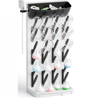 SuoXing Vertical Baby Bottle Drying Rack with Brush- Hold 16 Bottles - Large Breast Pump,Bottle Dryer Rack for Kitchen Countertop,Space Saving Bottle Stand Holder for Pacifiers,Pump Accessories,Pink