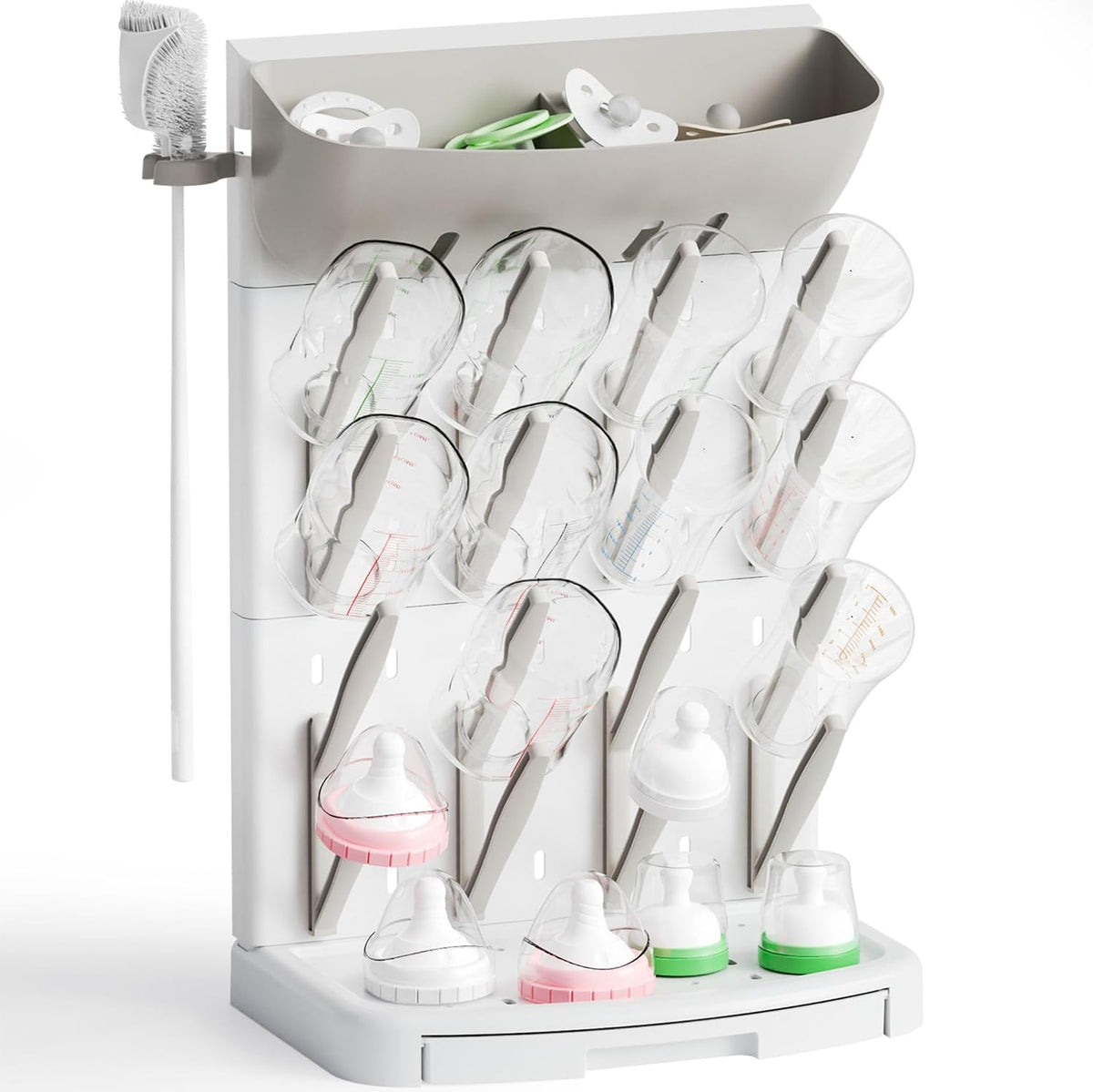 SuoXing Vertical Baby Bottle Drying Rack with Brush- Hold 16 Bottles - Large Breast Pump,Bottle Dryer Rack for Kitchen Countertop,Space Saving Bottle Stand Holder for Pacifiers,Pump Accessories,Pink