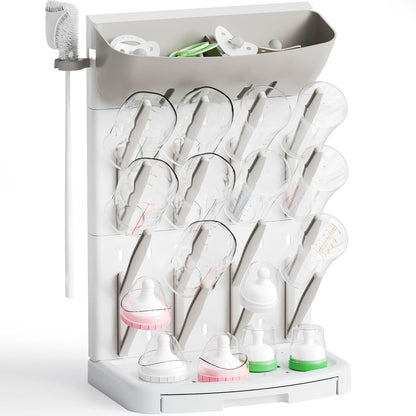 SuoXing Vertical Baby Bottle Drying Rack with Brush- Hold 16 Bottles - Large Breast Pump,Bottle Dryer Rack for Kitchen Countertop,Space Saving Bottle Stand Holder for Pacifiers,Pump Accessories,Pink