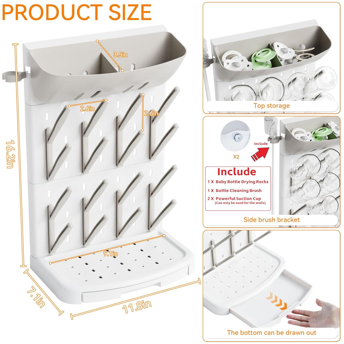 SuoXing Vertical Baby Bottle Drying Rack with Brush- Hold 16 Bottles - Large Breast Pump,Bottle Dryer Rack for Kitchen Countertop,Space Saving Bottle Stand Holder for Pacifiers,Pump Accessories,Pink