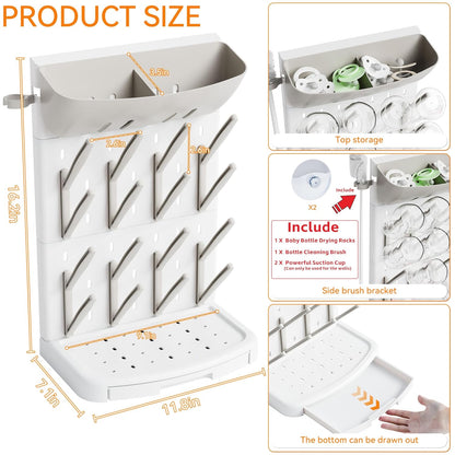 SuoXing Vertical Baby Bottle Drying Rack with Brush- Hold 16 Bottles - Large Breast Pump,Bottle Dryer Rack for Kitchen Countertop,Space Saving Bottle Stand Holder for Pacifiers,Pump Accessories,Pink