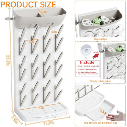 SuoXing Vertical Baby Bottle Drying Rack with Brush- Hold 16 Bottles - Large Breast Pump,Bottle Dryer Rack for Kitchen Countertop,Space Saving Bottle Stand Holder for Pacifiers,Pump Accessories,Pink
