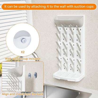 SuoXing Vertical Baby Bottle Drying Rack with Brush- Hold 16 Bottles - Large Breast Pump,Bottle Dryer Rack for Kitchen Countertop,Space Saving Bottle Stand Holder for Pacifiers,Pump Accessories,Pink