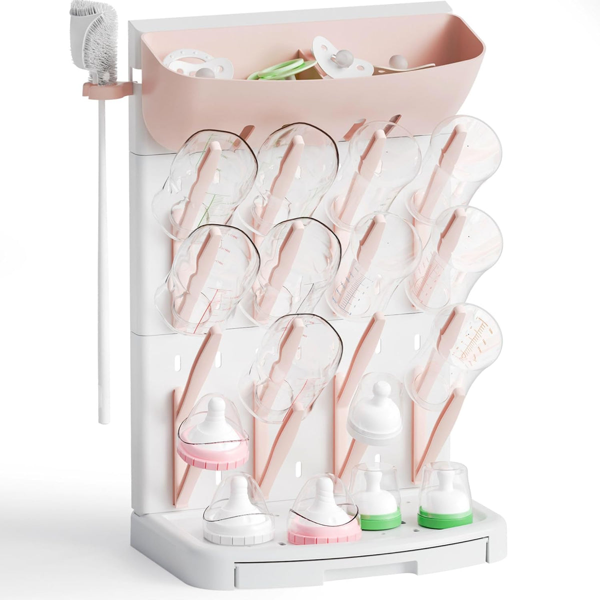 SuoXing Vertical Baby Bottle Drying Rack with Brush- Hold 16 Bottles - Large Breast Pump,Bottle Dryer Rack for Kitchen Countertop,Space Saving Bottle Stand Holder for Pacifiers,Pump Accessories,Pink