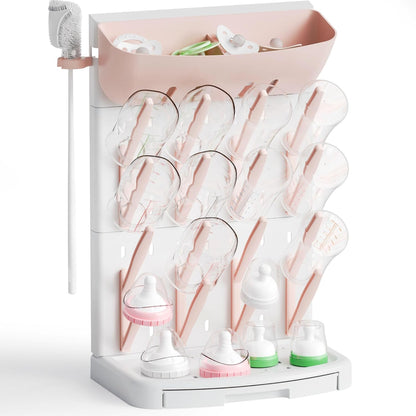 SuoXing Vertical Baby Bottle Drying Rack with Brush- Hold 16 Bottles - Large Breast Pump,Bottle Dryer Rack for Kitchen Countertop,Space Saving Bottle Stand Holder for Pacifiers,Pump Accessories,Pink