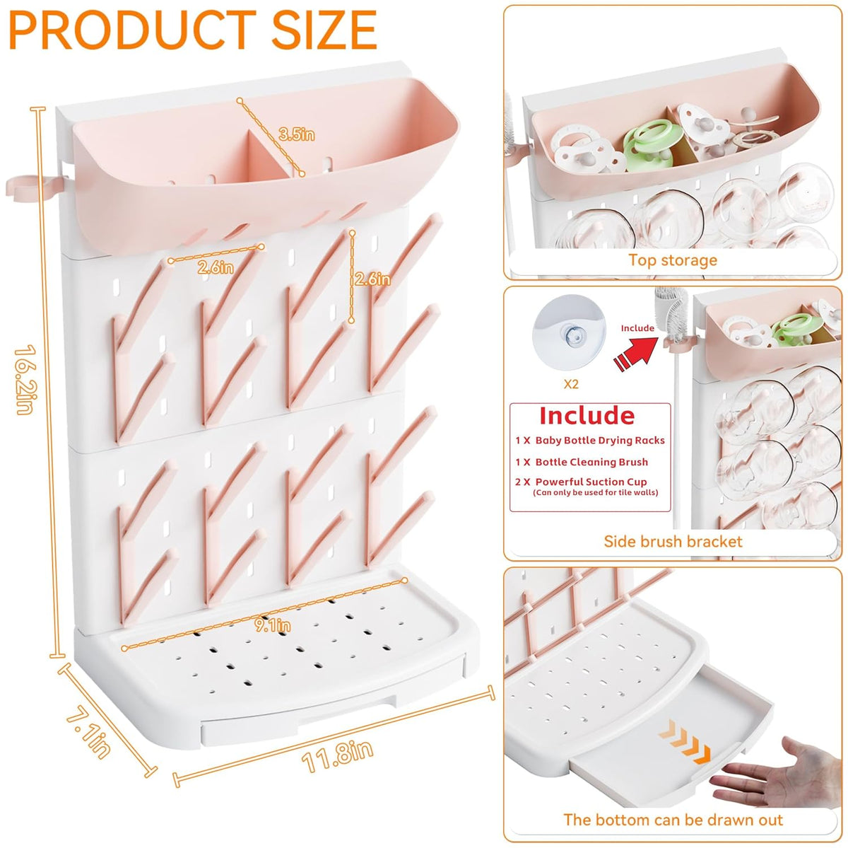 SuoXing Vertical Baby Bottle Drying Rack with Brush- Hold 16 Bottles - Large Breast Pump,Bottle Dryer Rack for Kitchen Countertop,Space Saving Bottle Stand Holder for Pacifiers,Pump Accessories,Pink
