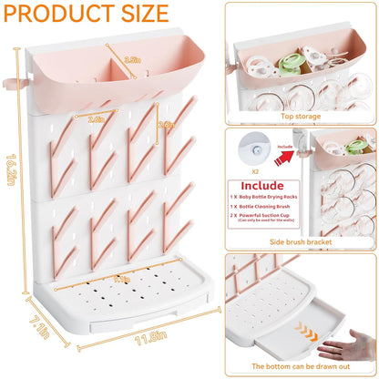 SuoXing Vertical Baby Bottle Drying Rack with Brush- Hold 16 Bottles - Large Breast Pump,Bottle Dryer Rack for Kitchen Countertop,Space Saving Bottle Stand Holder for Pacifiers,Pump Accessories,Pink