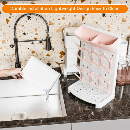 SuoXing Vertical Baby Bottle Drying Rack with Brush- Hold 16 Bottles - Large Breast Pump,Bottle Dryer Rack for Kitchen Countertop,Space Saving Bottle Stand Holder for Pacifiers,Pump Accessories,Pink