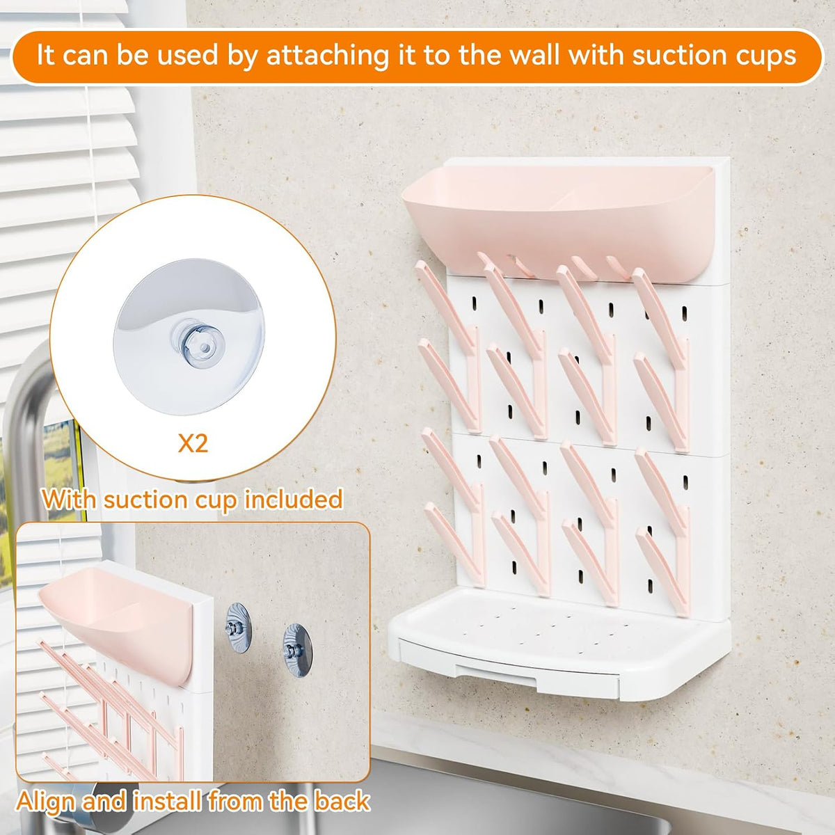 SuoXing Vertical Baby Bottle Drying Rack with Brush- Hold 16 Bottles - Large Breast Pump,Bottle Dryer Rack for Kitchen Countertop,Space Saving Bottle Stand Holder for Pacifiers,Pump Accessories,Pink