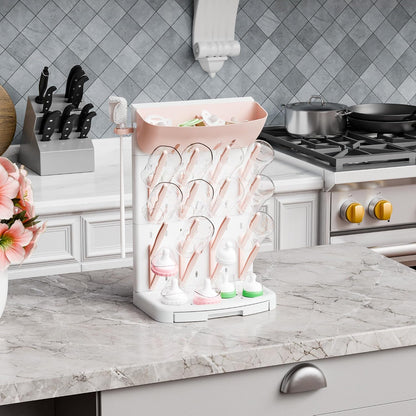 SuoXing Vertical Baby Bottle Drying Rack with Brush- Hold 16 Bottles - Large Breast Pump,Bottle Dryer Rack for Kitchen Countertop,Space Saving Bottle Stand Holder for Pacifiers,Pump Accessories,Pink