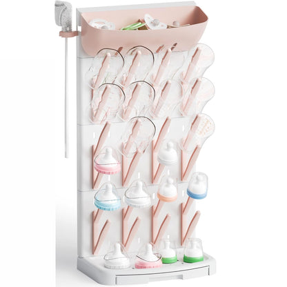 SuoXing Vertical Baby Bottle Drying Rack with Brush- Hold 16 Bottles - Large Breast Pump,Bottle Dryer Rack for Kitchen Countertop,Space Saving Bottle Stand Holder for Pacifiers,Pump Accessories,Pink