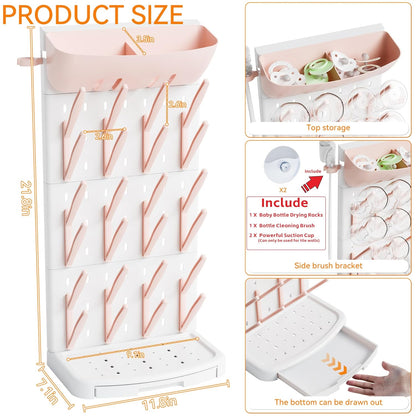 SuoXing Vertical Baby Bottle Drying Rack with Brush- Hold 16 Bottles - Large Breast Pump,Bottle Dryer Rack for Kitchen Countertop,Space Saving Bottle Stand Holder for Pacifiers,Pump Accessories,Pink