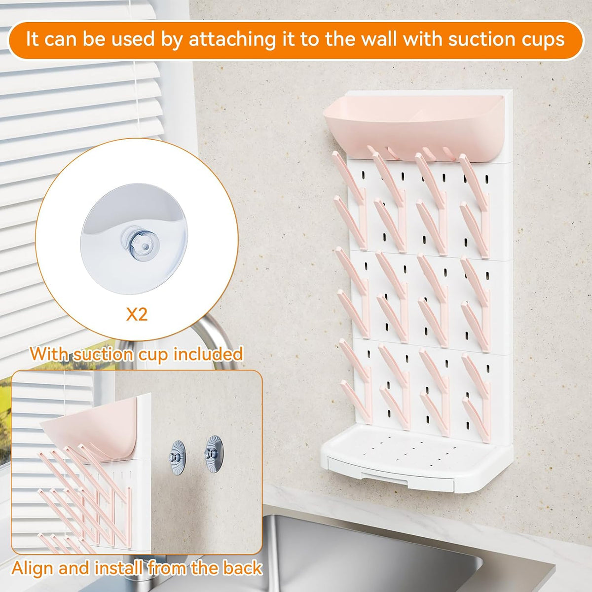 SuoXing Vertical Baby Bottle Drying Rack with Brush- Hold 16 Bottles - Large Breast Pump,Bottle Dryer Rack for Kitchen Countertop,Space Saving Bottle Stand Holder for Pacifiers,Pump Accessories,Pink