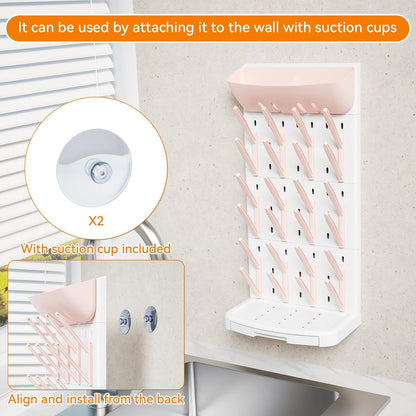 SuoXing Vertical Baby Bottle Drying Rack with Brush- Hold 16 Bottles - Large Breast Pump,Bottle Dryer Rack for Kitchen Countertop,Space Saving Bottle Stand Holder for Pacifiers,Pump Accessories,Pink