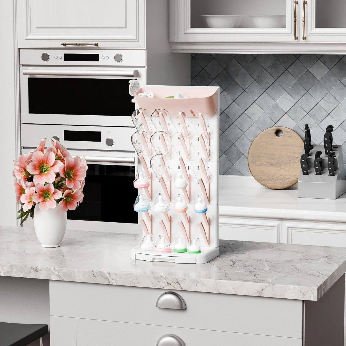 SuoXing Vertical Baby Bottle Drying Rack with Brush- Hold 16 Bottles - Large Breast Pump,Bottle Dryer Rack for Kitchen Countertop,Space Saving Bottle Stand Holder for Pacifiers,Pump Accessories,Pink