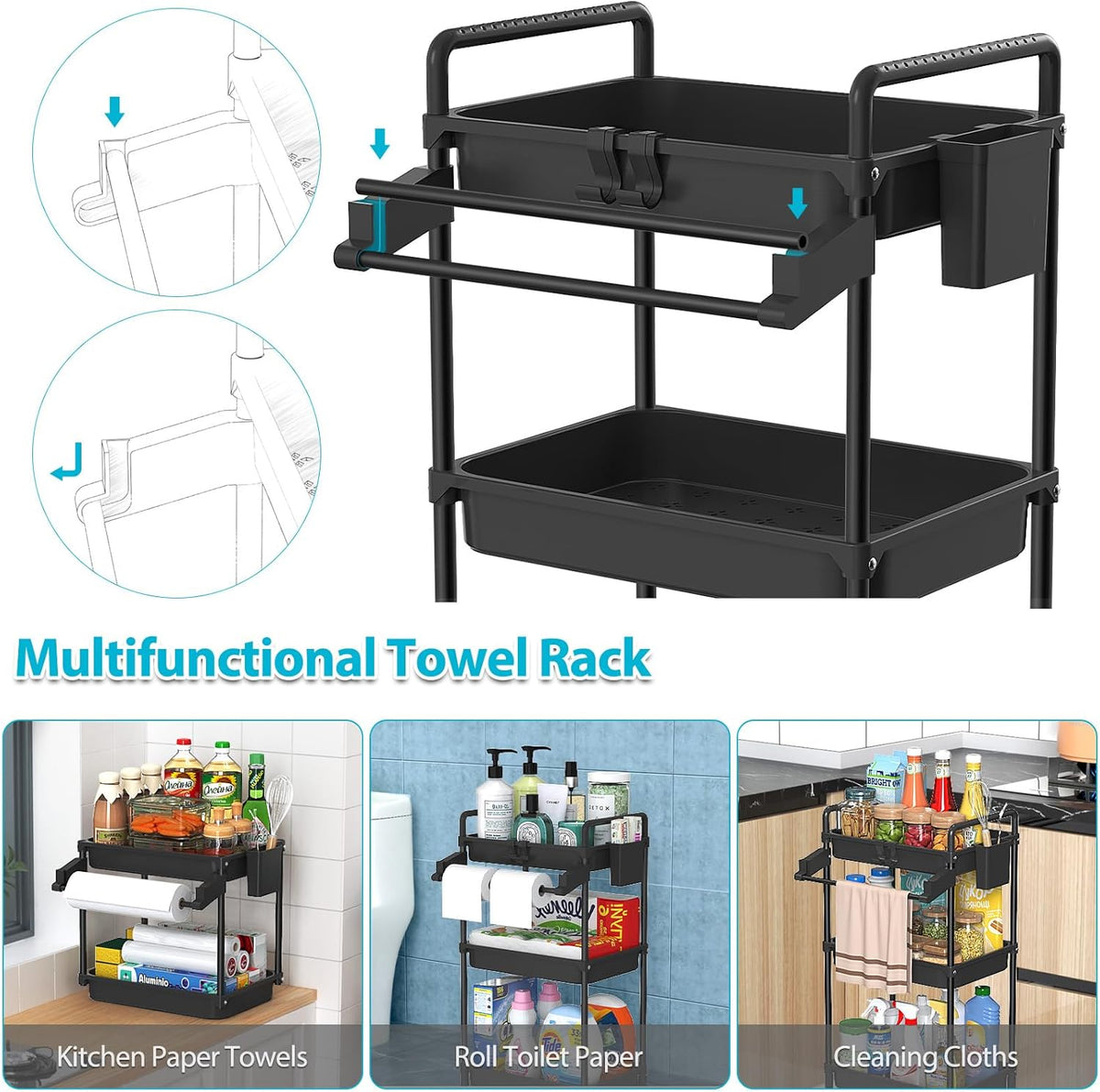 Rolling Storage Cart, 3 Tier Utility Cart for Bathroom, White