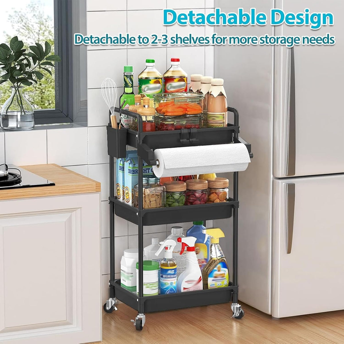 Rolling Storage Cart, 3 Tier Utility Cart for Bathroom, White