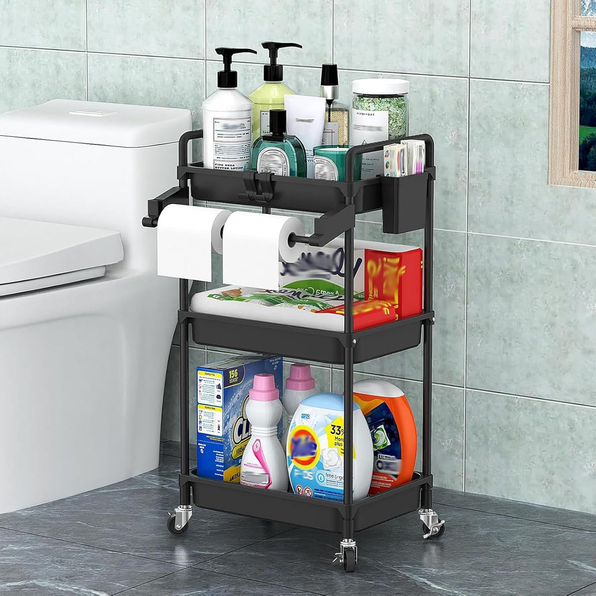 Rolling Storage Cart, 3 Tier Utility Cart for Bathroom, White