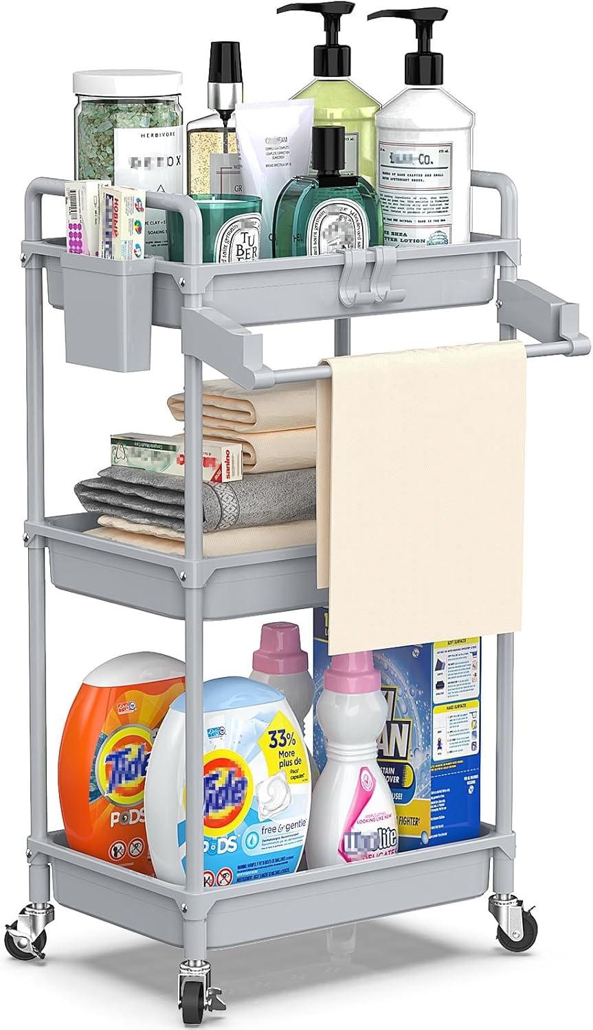 Rolling Storage Cart, 3 Tier Utility Cart for Bathroom, White