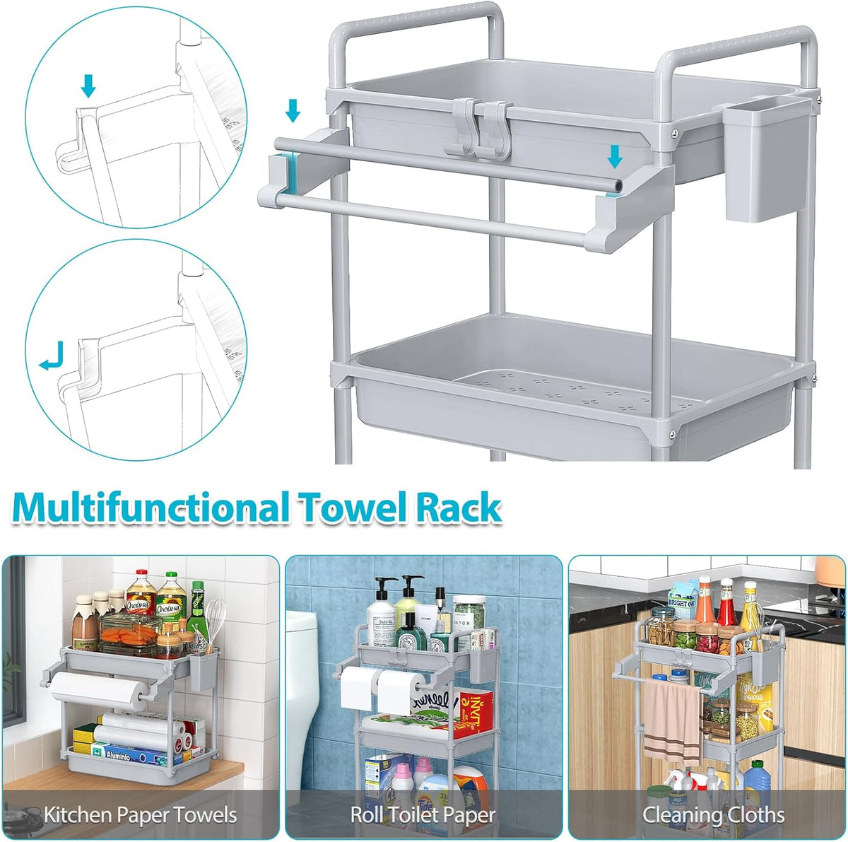 Rolling Storage Cart, 3 Tier Utility Cart for Bathroom, White