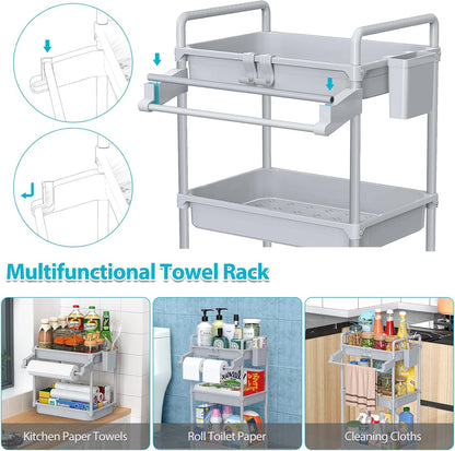Rolling Storage Cart, 3 Tier Utility Cart for Bathroom, White