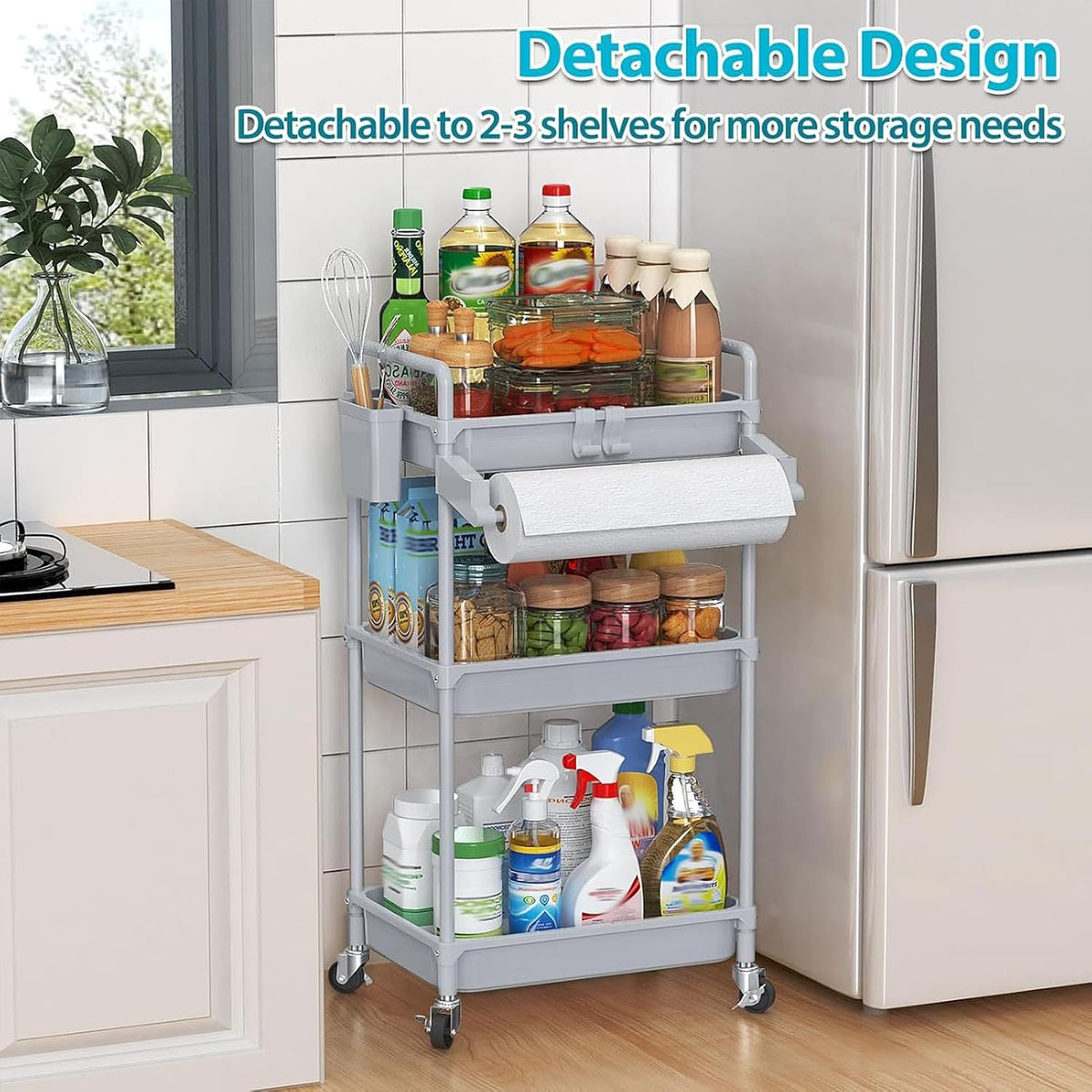Rolling Storage Cart, 3 Tier Utility Cart for Bathroom, White