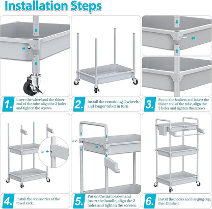Rolling Storage Cart, 3 Tier Utility Cart for Bathroom, White