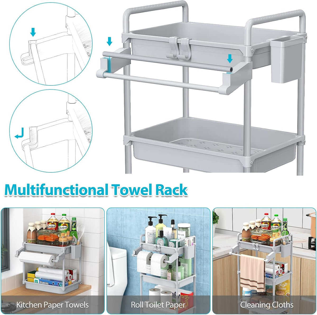 Rolling Storage Cart, 3 Tier Utility Cart for Bathroom, White