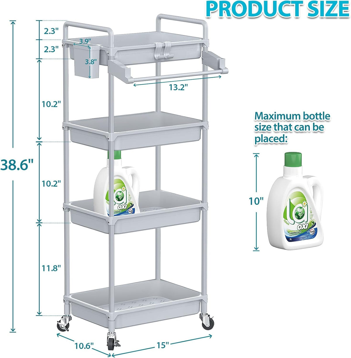 Rolling Storage Cart, 3 Tier Utility Cart for Bathroom, White