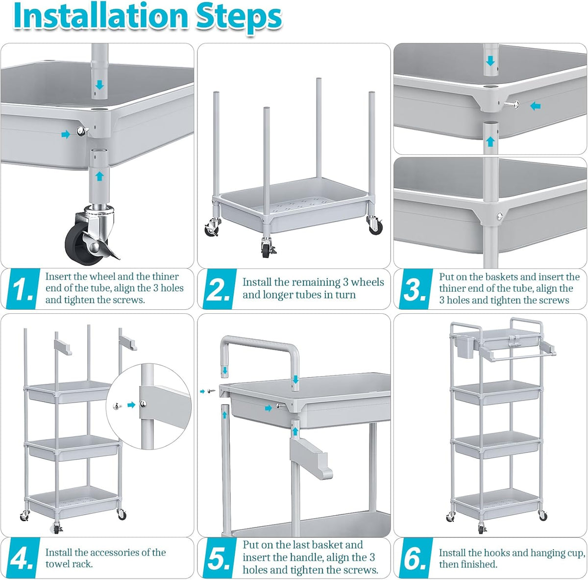 Rolling Storage Cart, 3 Tier Utility Cart for Bathroom, White
