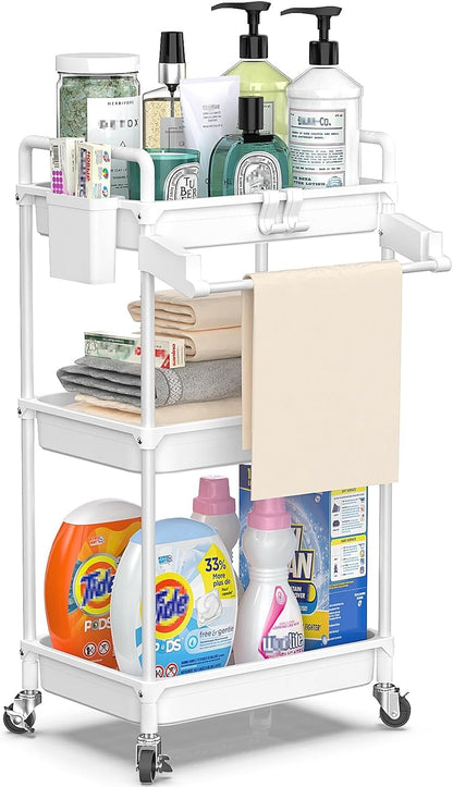 Rolling Storage Cart, 3 Tier Utility Cart for Bathroom, White