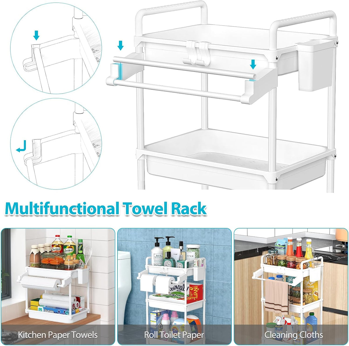 Rolling Storage Cart, 3 Tier Utility Cart for Bathroom, White