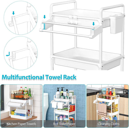 Rolling Storage Cart, 3 Tier Utility Cart for Bathroom, White