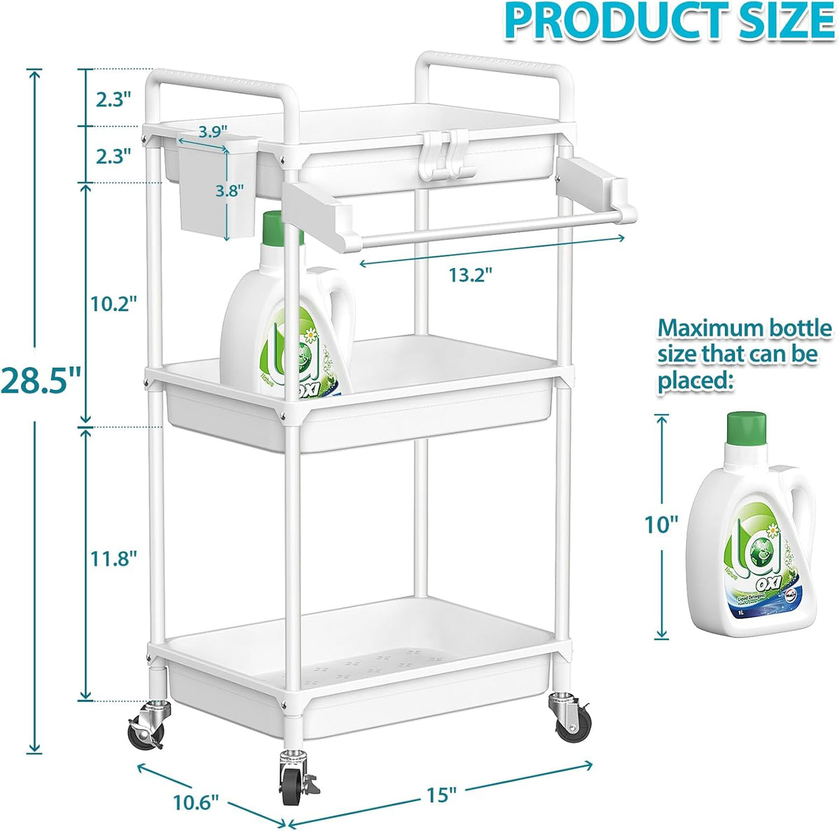 Rolling Storage Cart, 3 Tier Utility Cart for Bathroom, White