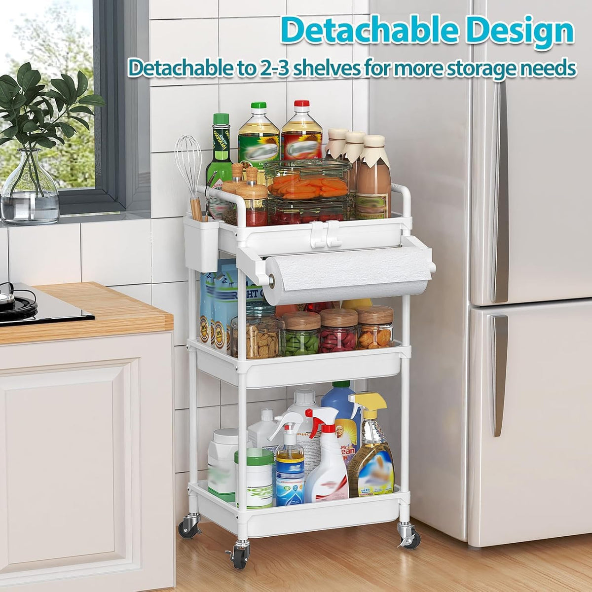 Rolling Storage Cart, 3 Tier Utility Cart for Bathroom, White