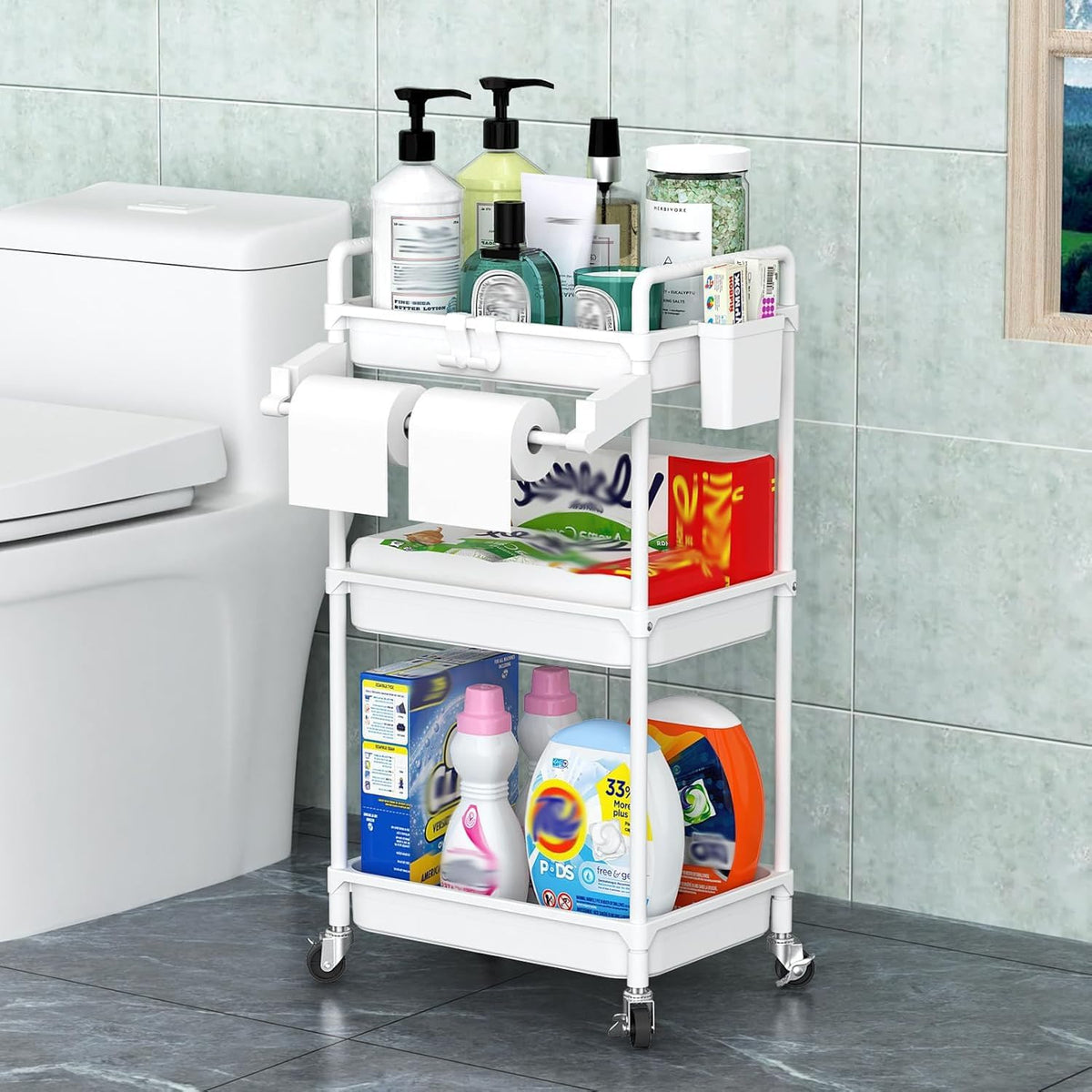 Rolling Storage Cart, 3 Tier Utility Cart for Bathroom, White