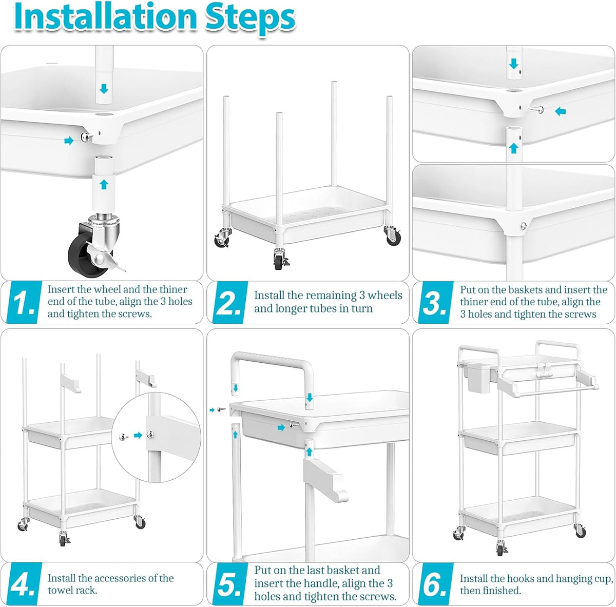 Rolling Storage Cart, 3 Tier Utility Cart for Bathroom, White