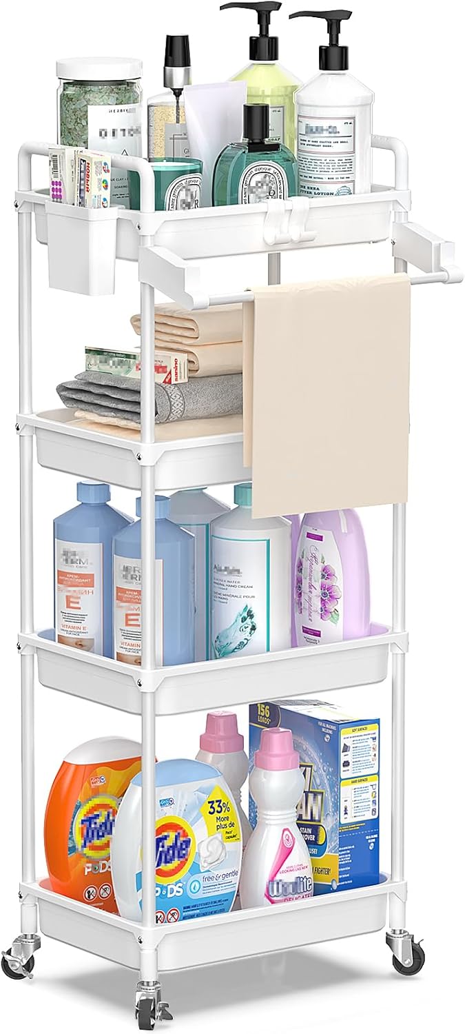 Rolling Storage Cart, 3 Tier Utility Cart for Bathroom, White