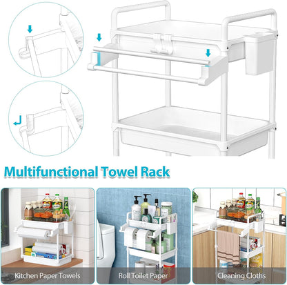 Rolling Storage Cart, 3 Tier Utility Cart for Bathroom, White