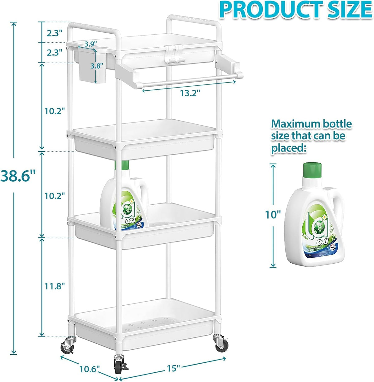 Rolling Storage Cart, 3 Tier Utility Cart for Bathroom, White