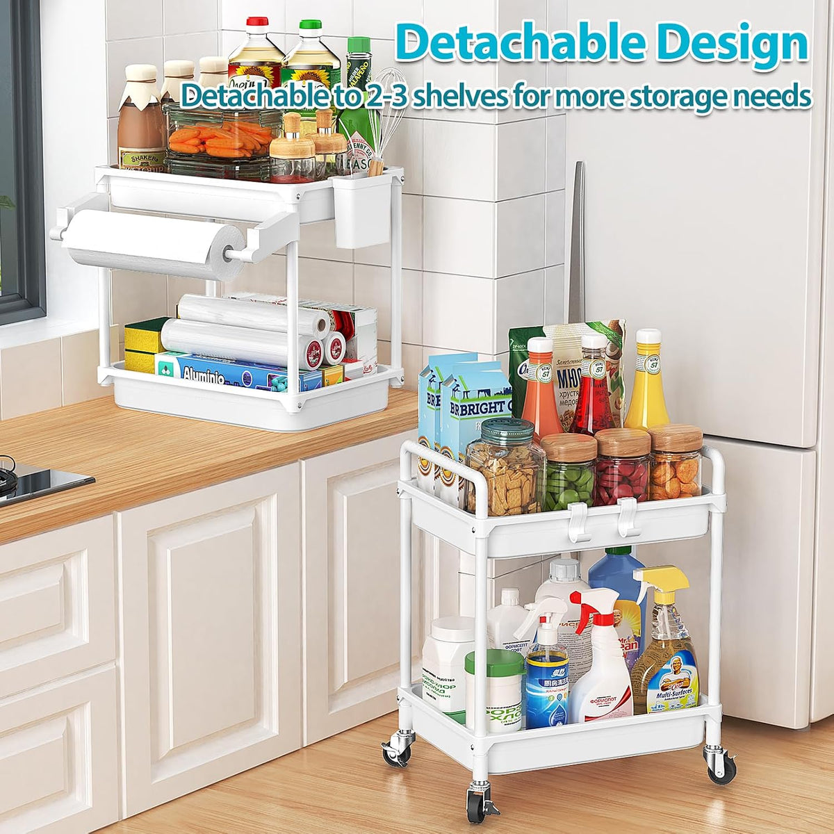 Rolling Storage Cart, 3 Tier Utility Cart for Bathroom, White