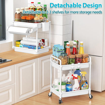 Rolling Storage Cart, 3 Tier Utility Cart for Bathroom, White