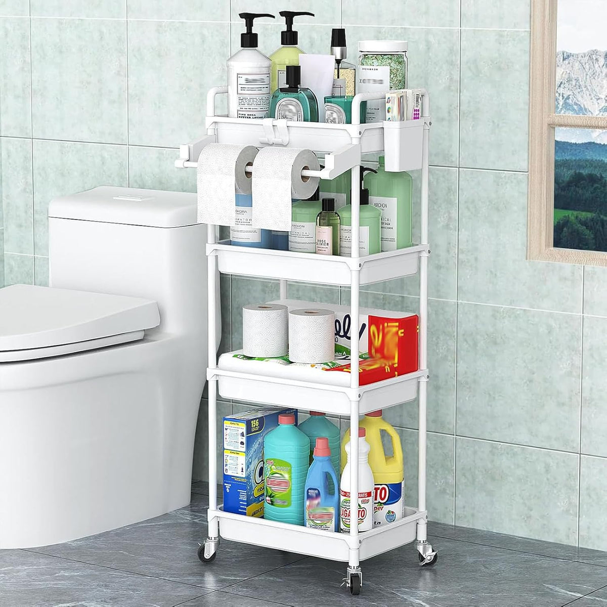 Rolling Storage Cart, 3 Tier Utility Cart for Bathroom, White
