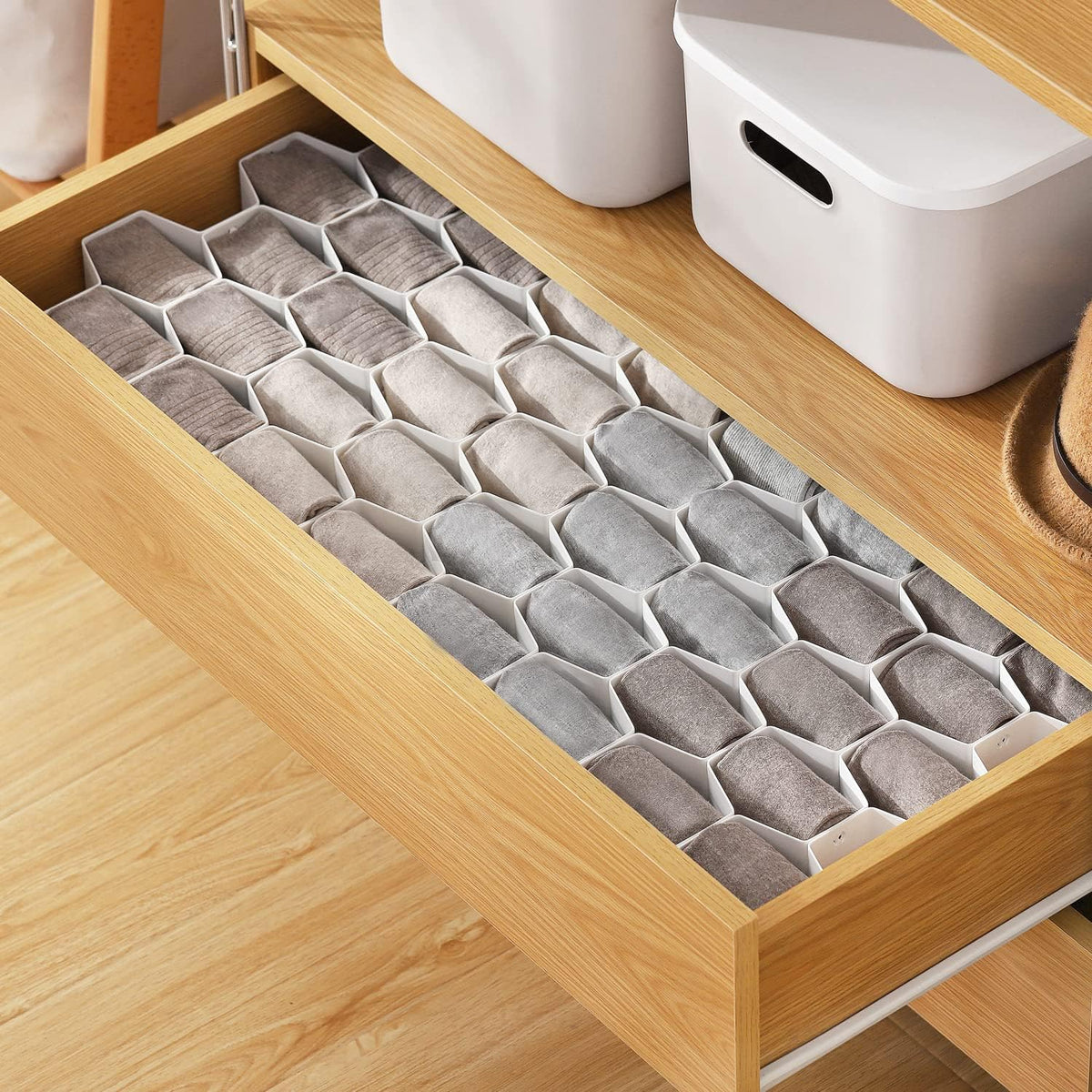 Sock Drawer Organizer, Drawer Divider Organizer for Underwear Socks Ties Belts Assemble Honeycomb Separator Closet Cabinet DIY Desk Office 8pcs Grey