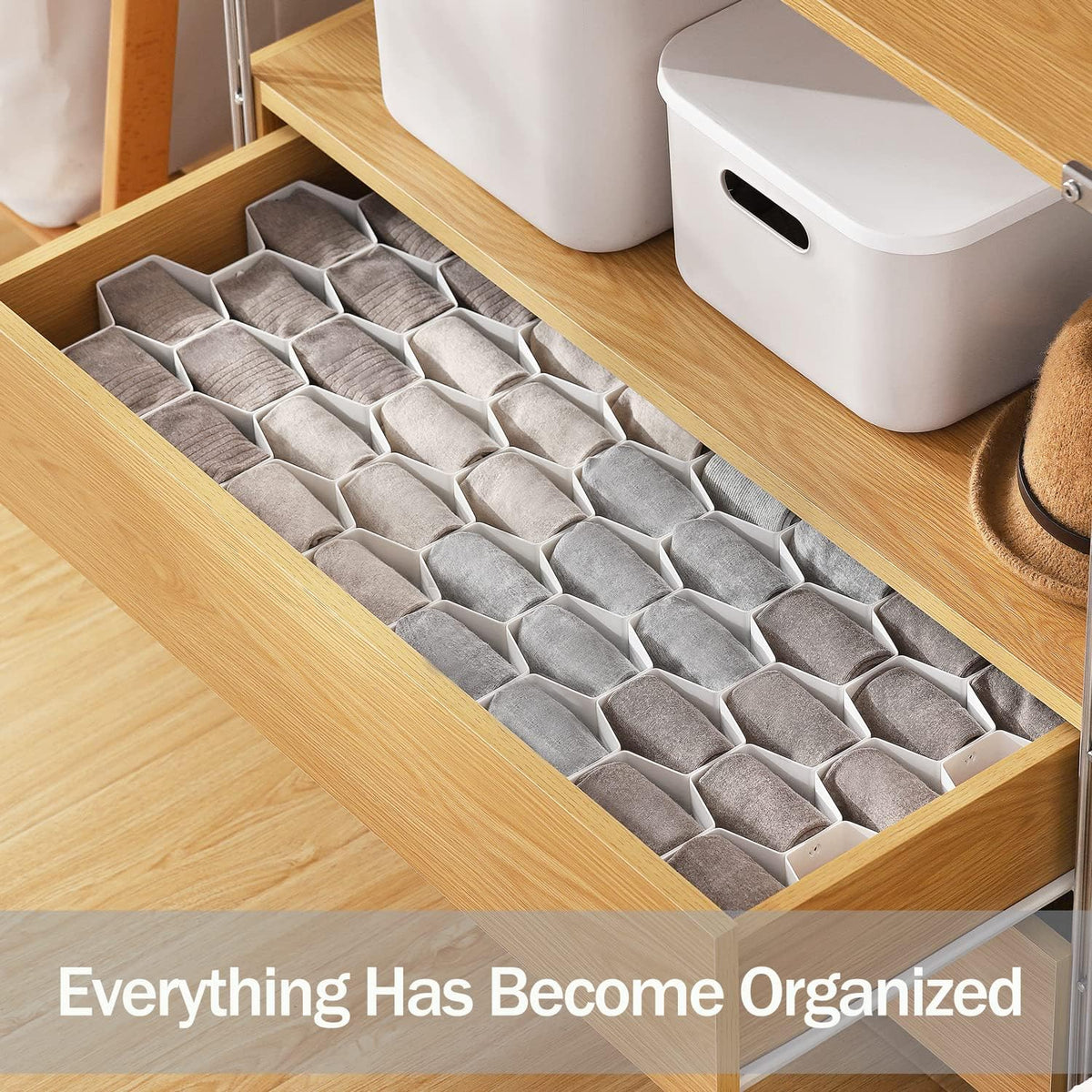 Sock Drawer Organizer, Drawer Divider Organizer for Underwear Socks Ties Belts Assemble Honeycomb Separator Closet Cabinet DIY Desk Office 8pcs Grey