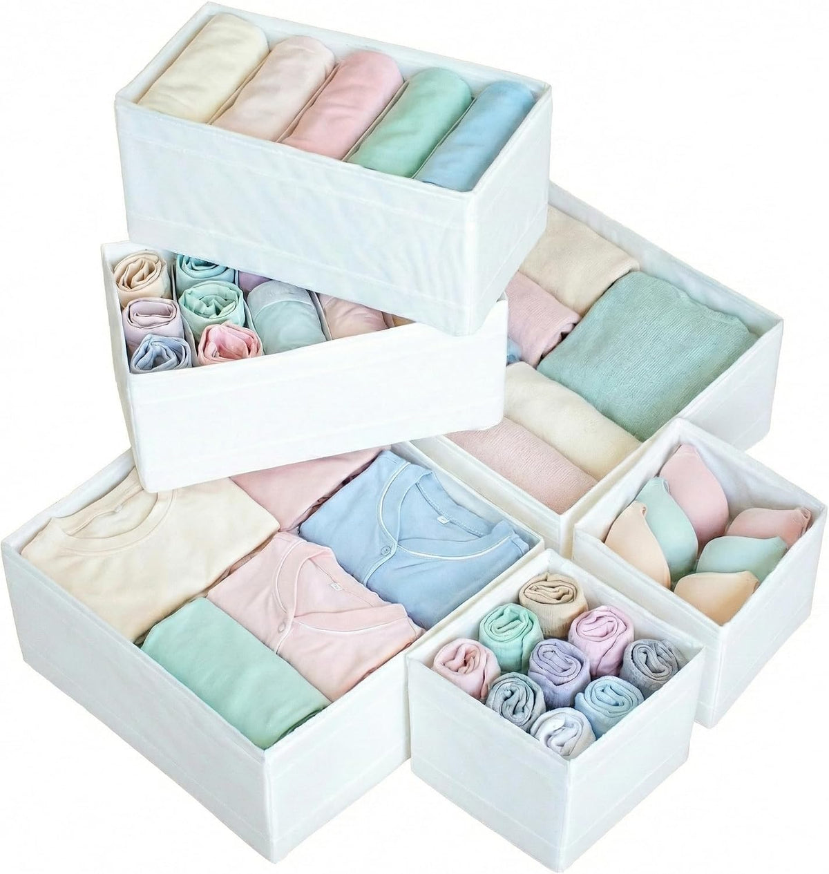 6-Pack Drawer Organizers for Clothes, Dresser Bins for Nursery, Closet, Baby Clothes, Underwear & Socks for Drawers Wardrobe White