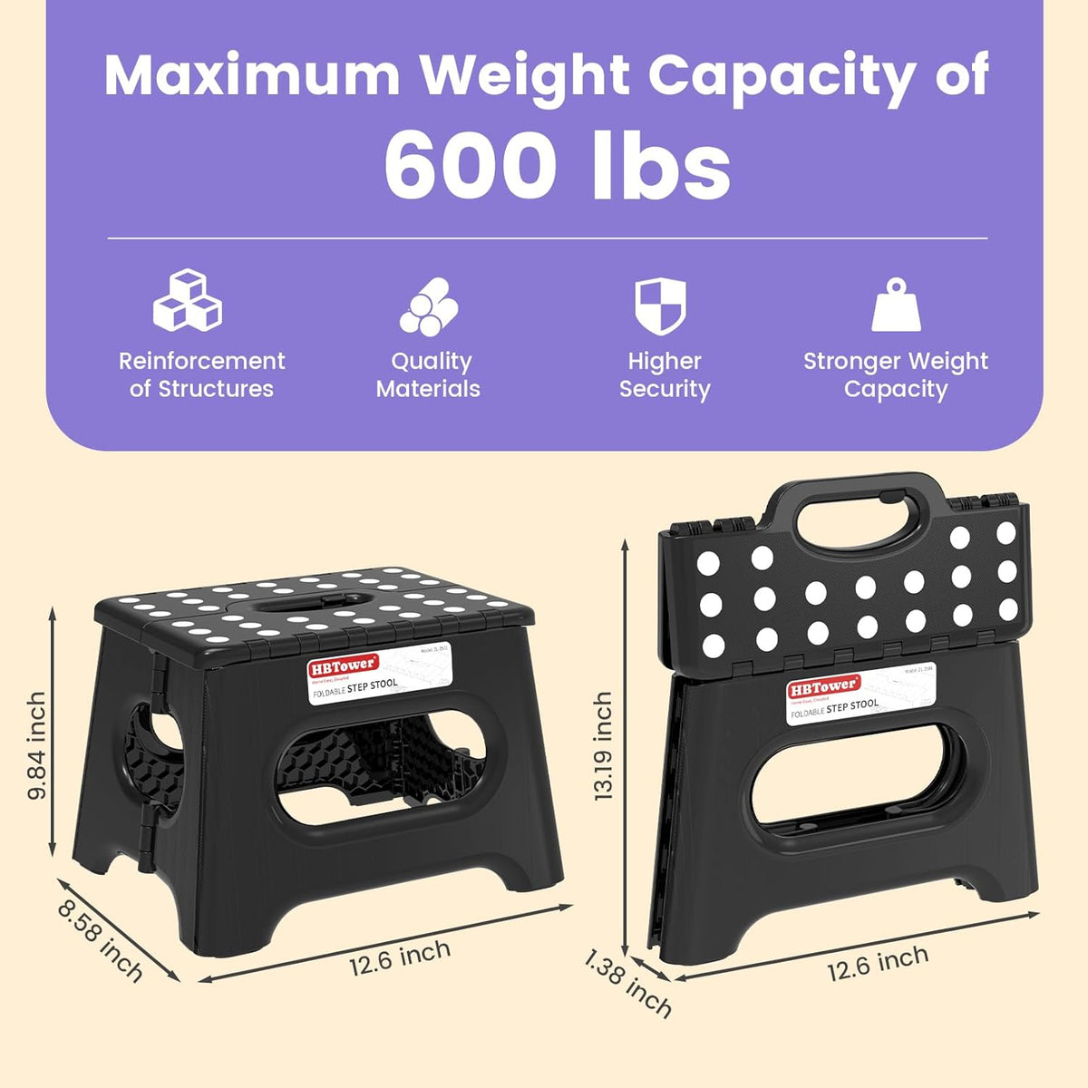 Folding Step Stool 9 Inch, 600 LBS Capacity with Safety Lock, Black